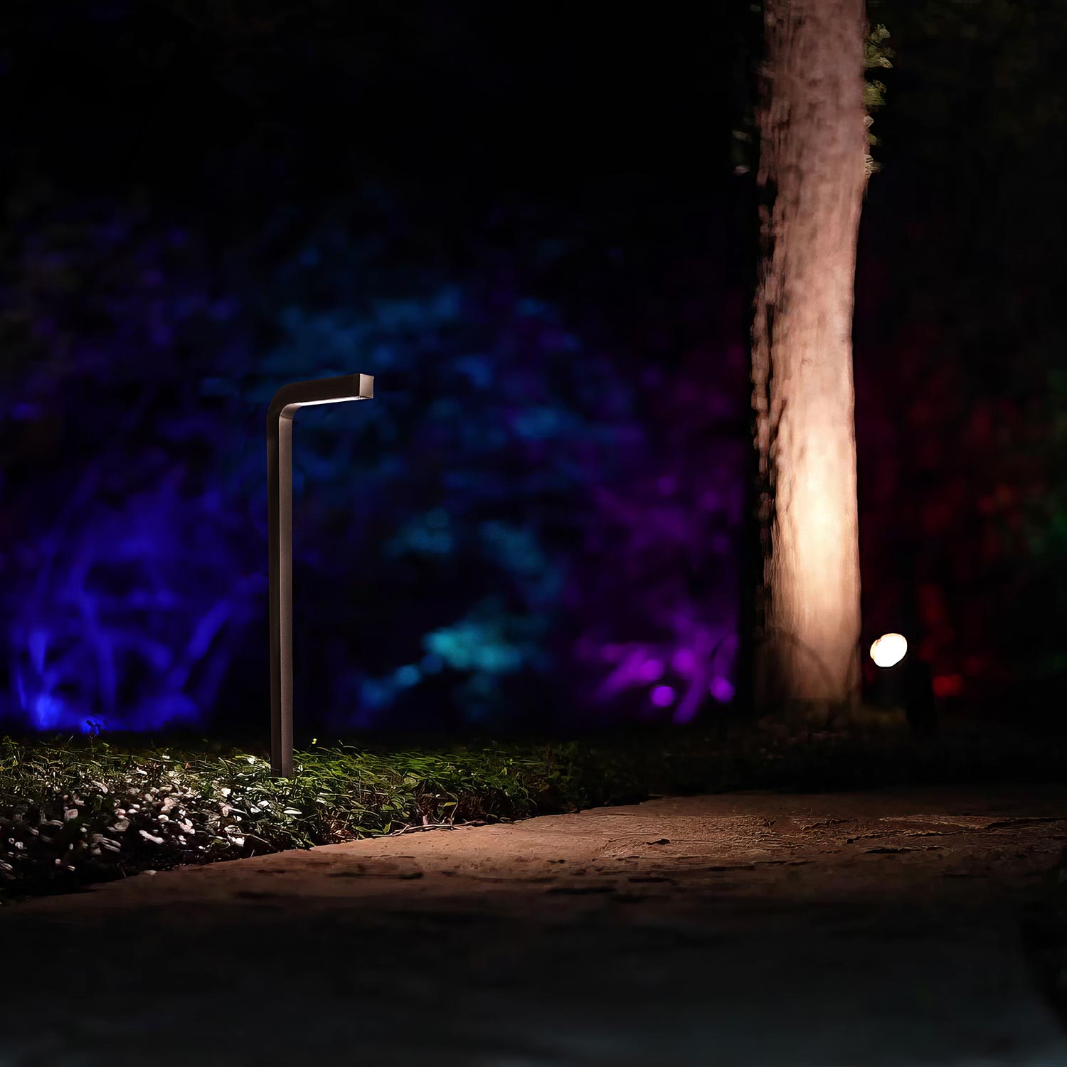 Modern path light illuminating a stone walkway with colorful garden lighting in background