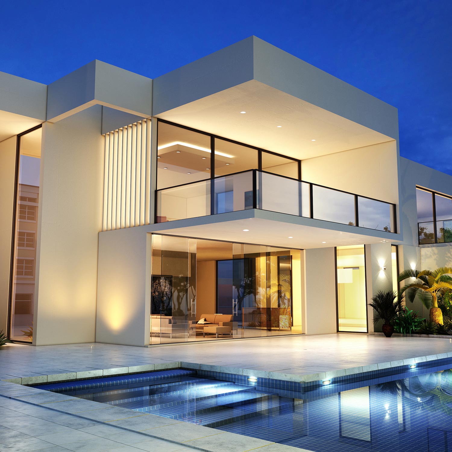 Modern luxury villa with pool and architectural lighting at twilight