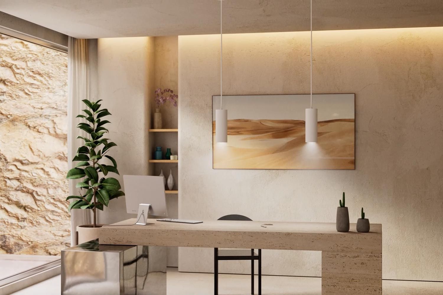 A modern office space with a minimalist design, featuring a stone desk, two pendant lights, a large plant, and a serene painting of sand dunes on the wall.