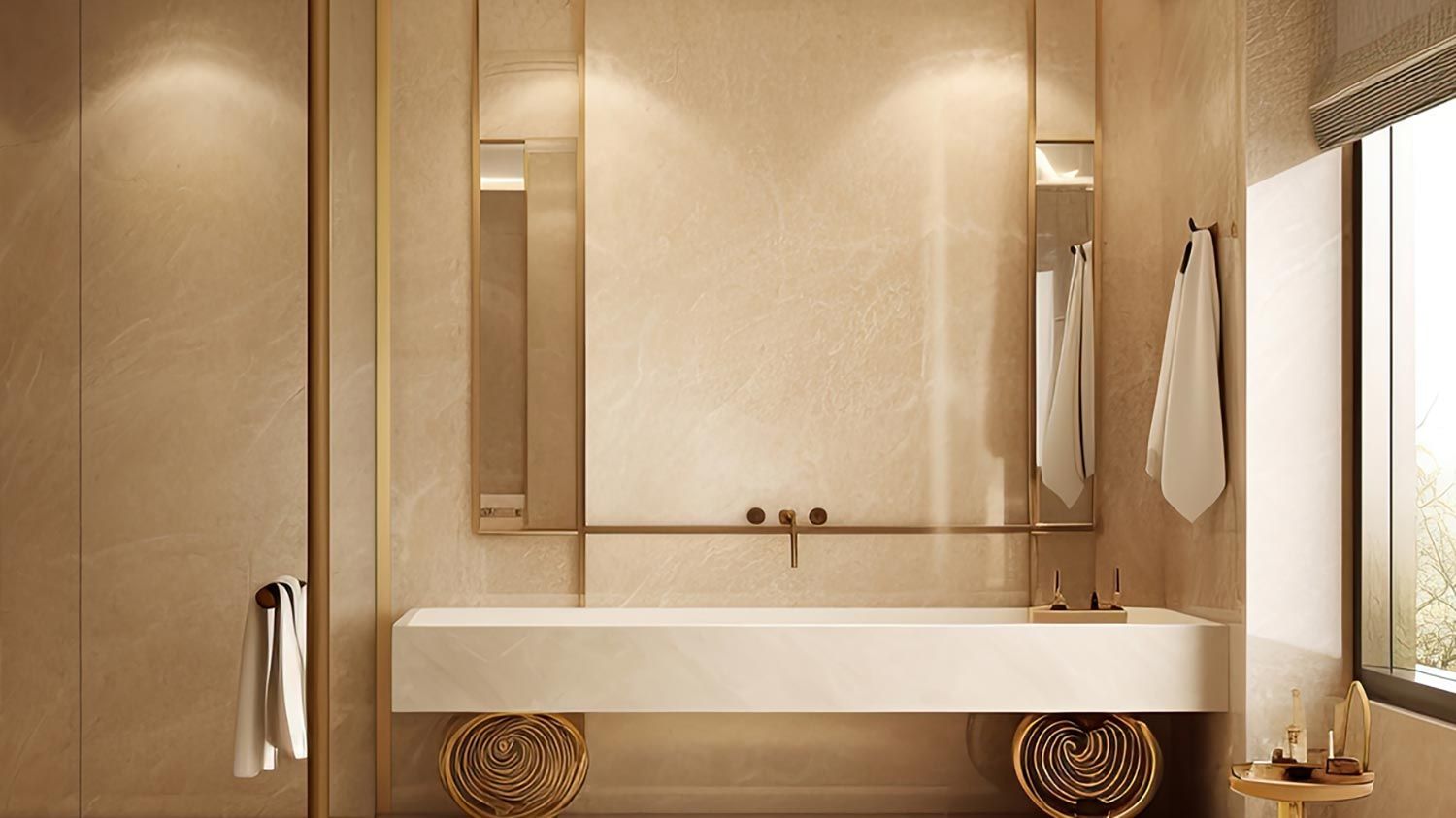 Luxurious bathroom with a marble finish, featuring a minimalist vanity and a large window with a Roman shade.