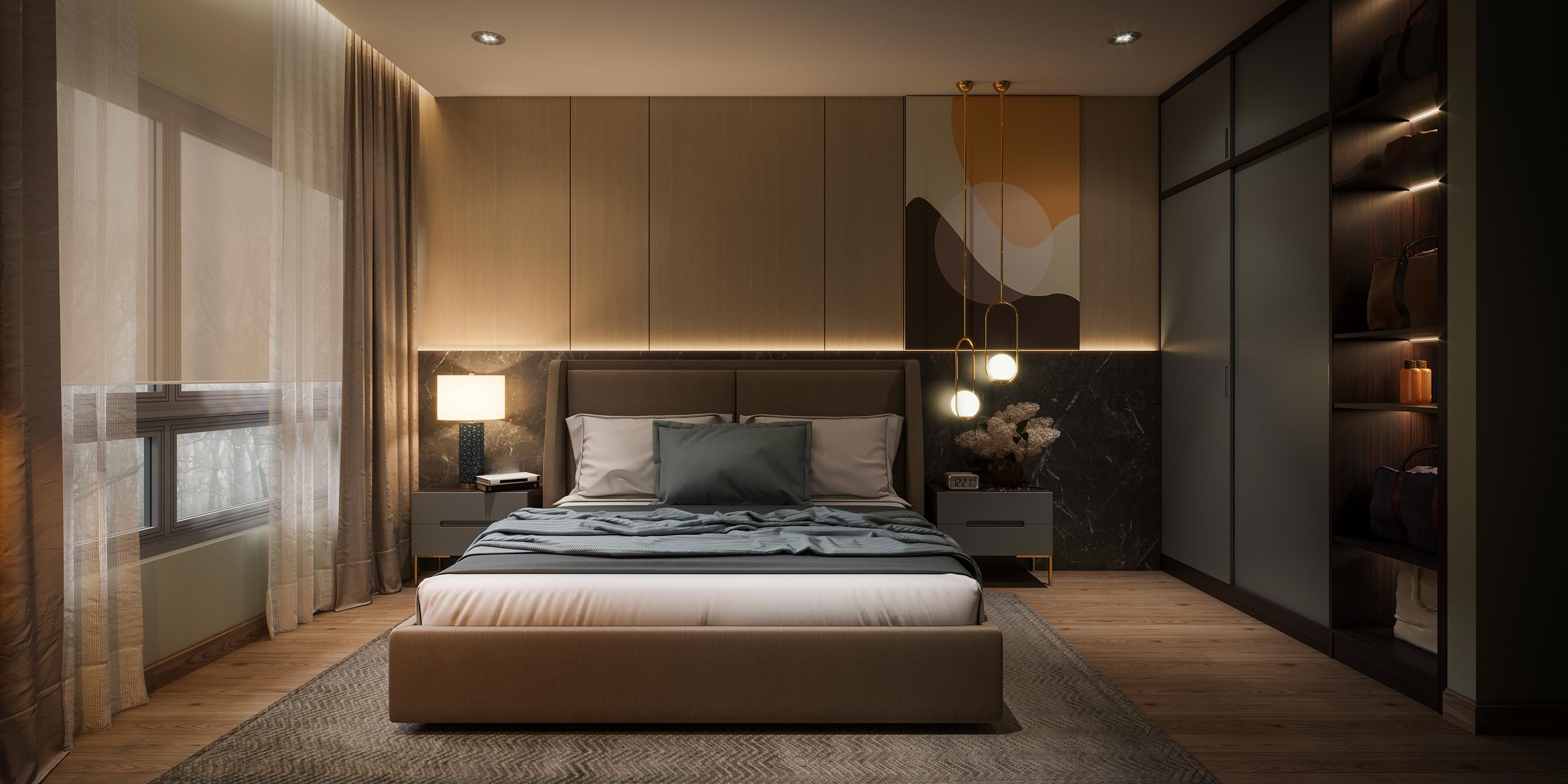 Modern bedroom with cozy lighting, a large bed, and stylish wooden accents.